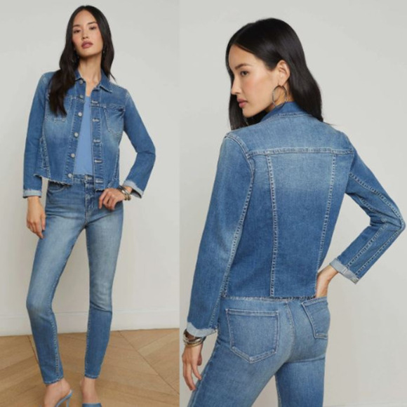 L'Agence Janelle Cropped Raw Hem Button Up Denim Jacket Ithaca Blue Women's XS - Picture 1 of 9